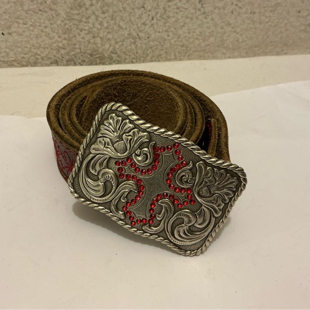 Enmon engraved rhinestone cross western Silver Buckle Belt with Red Accents